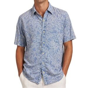 Reyn Spooner Mens Large Blue Leaf‎ Hawaiian Shirt Cotton Tencel Short Sleeve